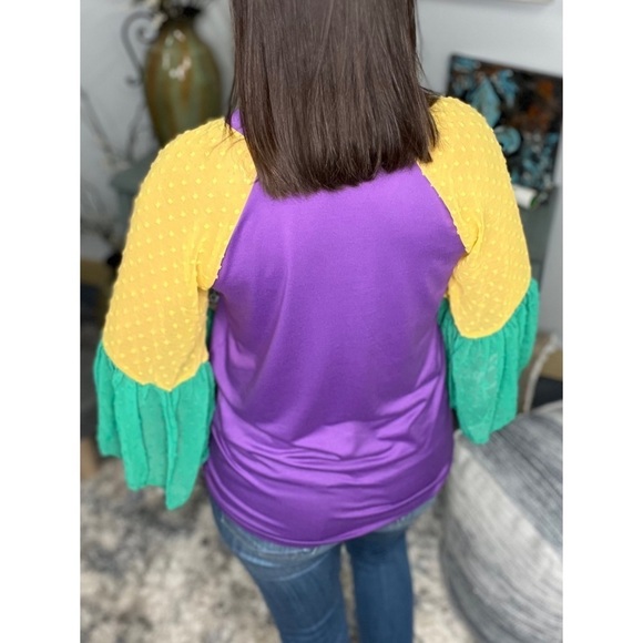 Mardi Gras Color Block Swiss Dot Flutter Bell Sleeves V Neck Tie Bottom 0724 - Picture 7 of 17